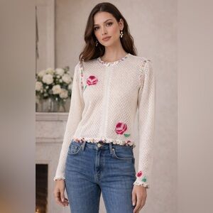 VINTAGE CHANEL 2004 White Cotton Crochet Long Sleeve Top with Silk Accents